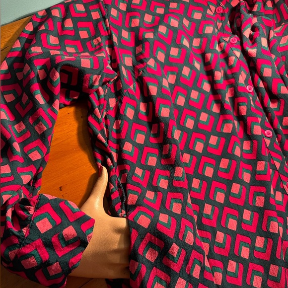 Rose & Teal Geometric Rayon Long Sleeve Shirt Dress With Pockets All Seasons~ 1X - Picture 9 of 10